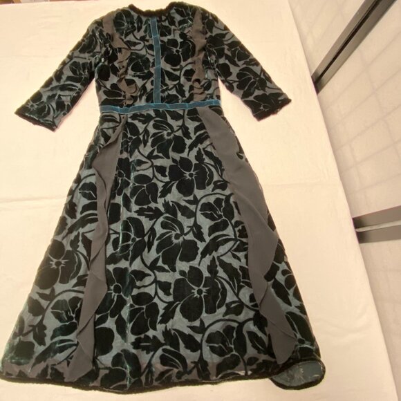 Rick Rhe Handmade Italy Silk Velvet Devore ¾ Sleeve Lined High Neck Ruffle Dress - Picture 8 of 13